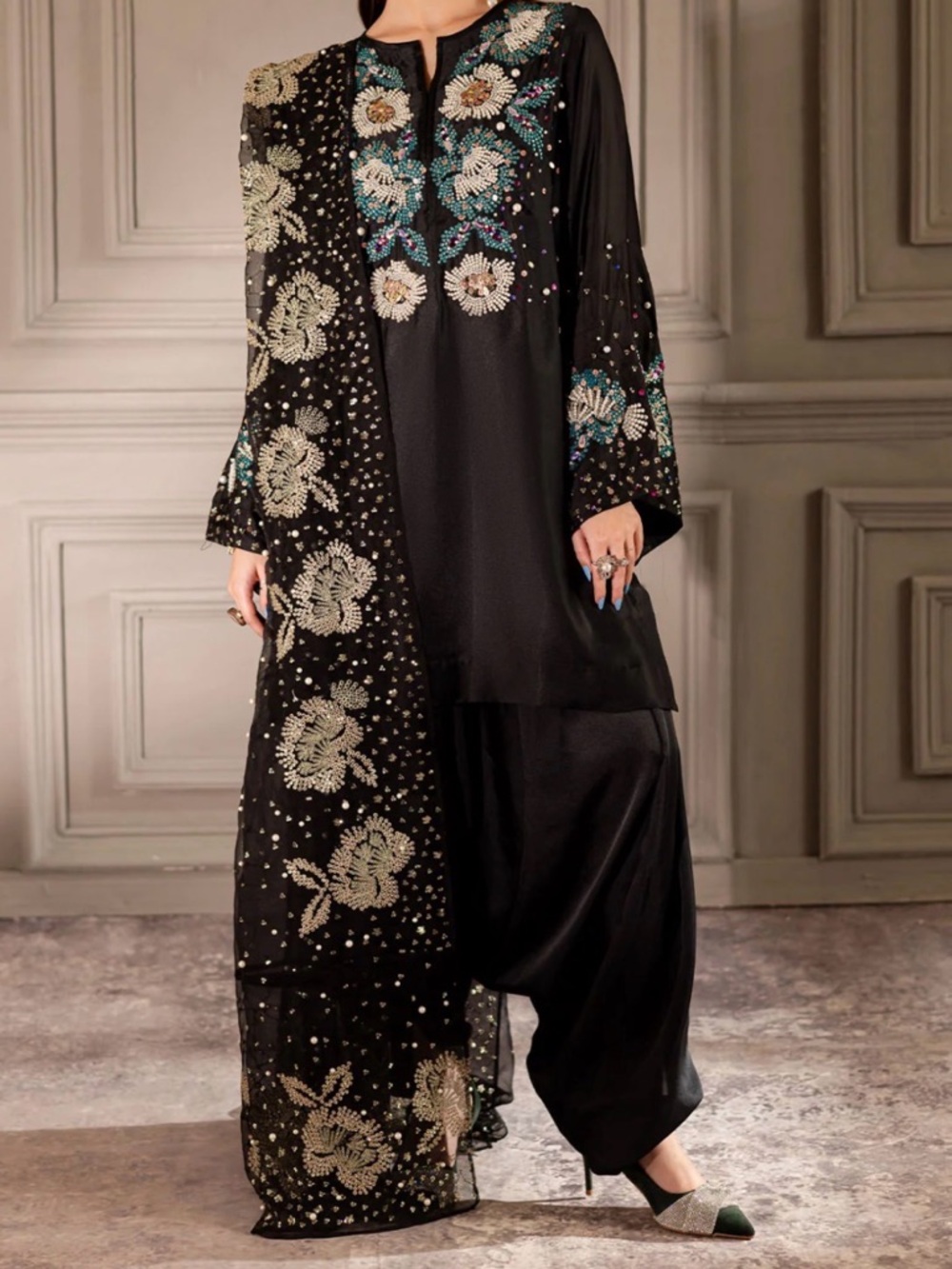Embroidered Black Long Sleeve Dress with Sheer Embellished Shawl